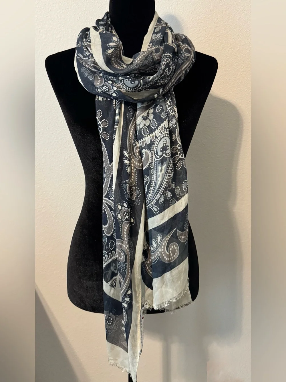 Gretchen Scott Paisley Scarf Navy Ivory Modal Lightweight Wrap Boho Chic